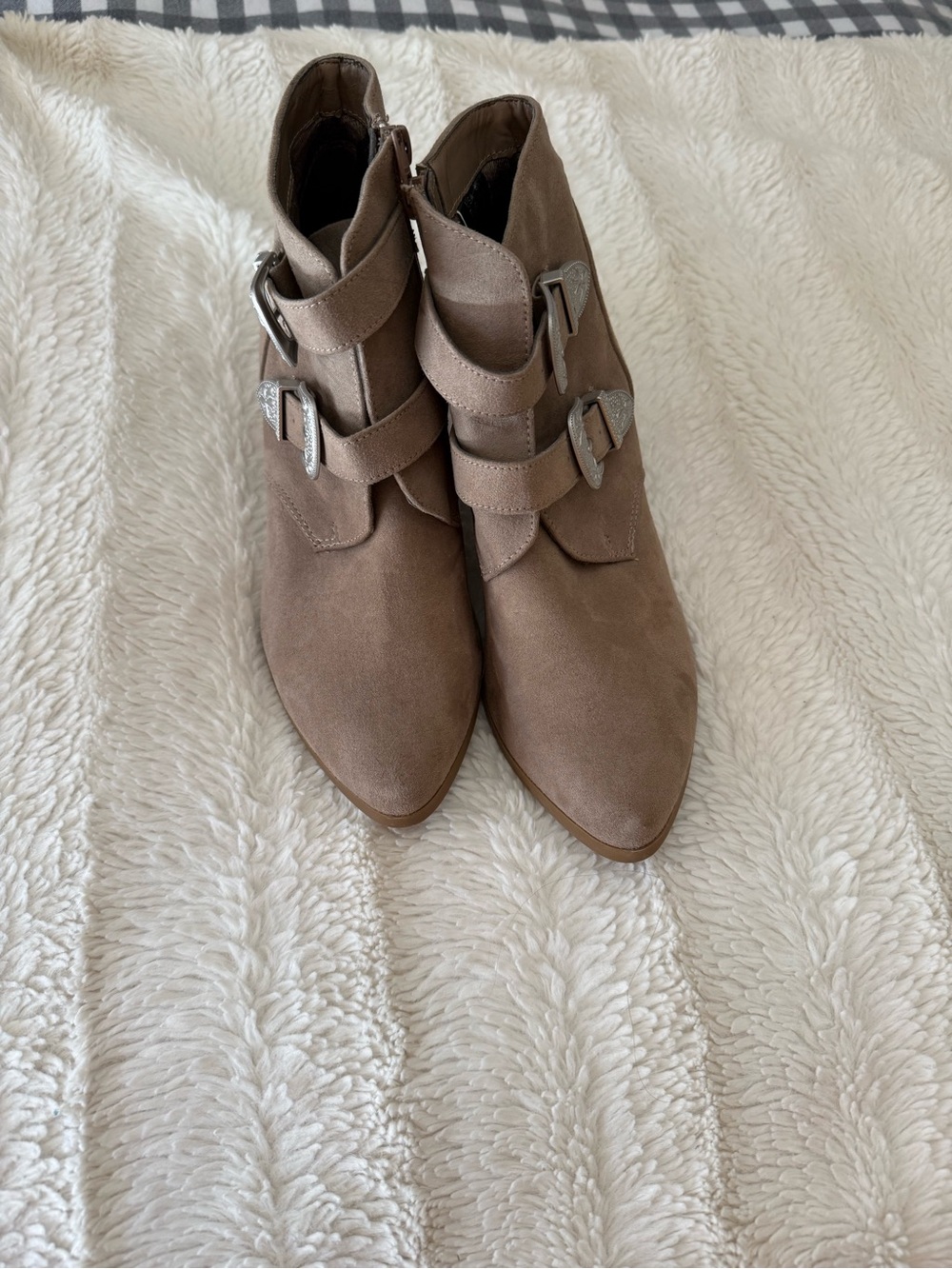 Christian Siriano Taupe Suede Buckle Ankle Boots